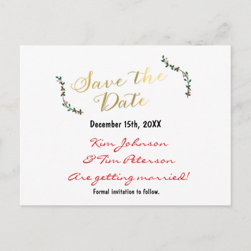 Christmas Holiday Gold Holly Postcard Save Date