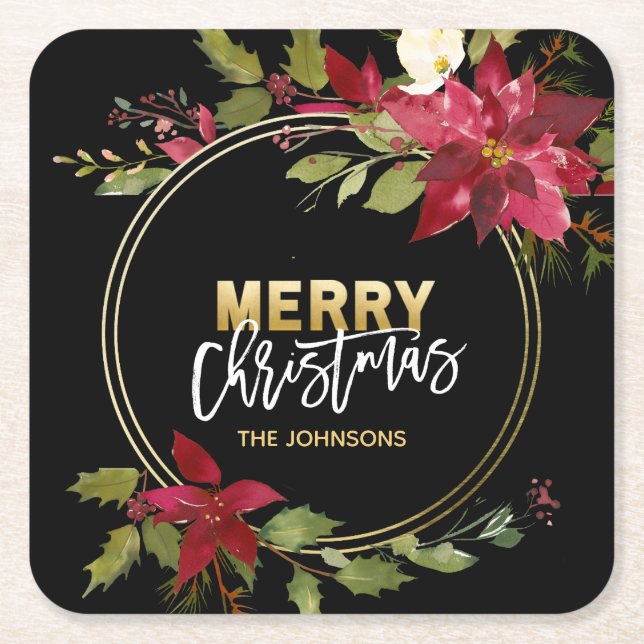 Christmas Holiday Gold Red Poinsettia Square Paper Coaster (Front)