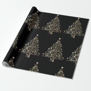 Christmas Holiday Gold Tree Stars Black Wrapping Paper