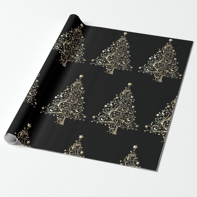 Christmas Holiday Gold Tree Stars Black  Wrapping Paper (Unrolled)