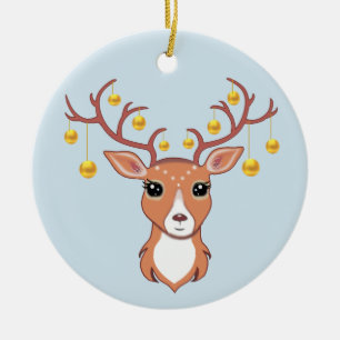 Christmas Holiday Golden Deer on Light Blue Ceramic Ornament