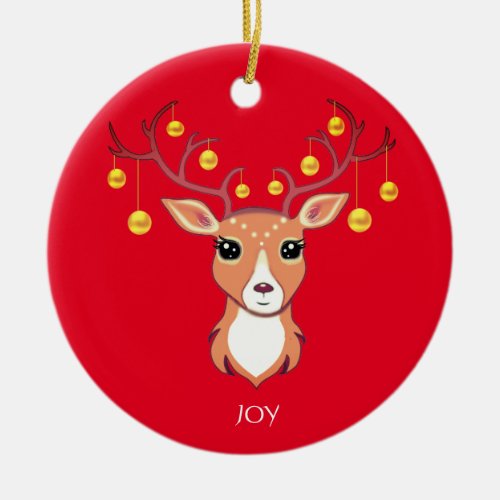 Christmas Holiday Golden Deer on Red Ceramic Ornament