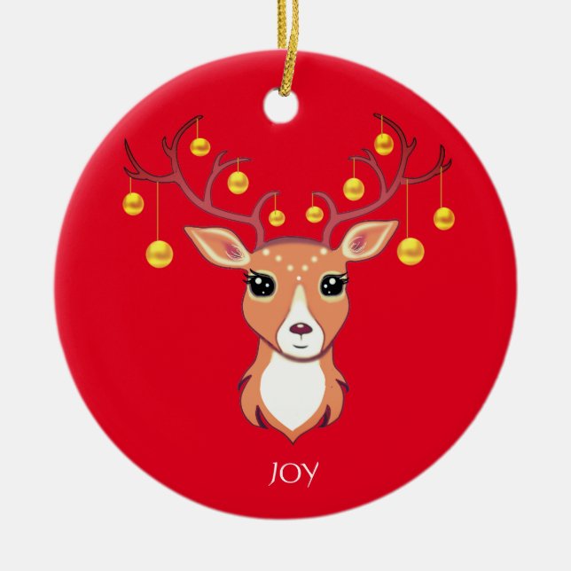 Christmas Holiday Golden Deer on Red Ceramic Ornament (Front)