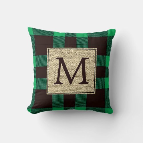 Christmas Holiday Green Black Plaid Monogram Throw Pillow