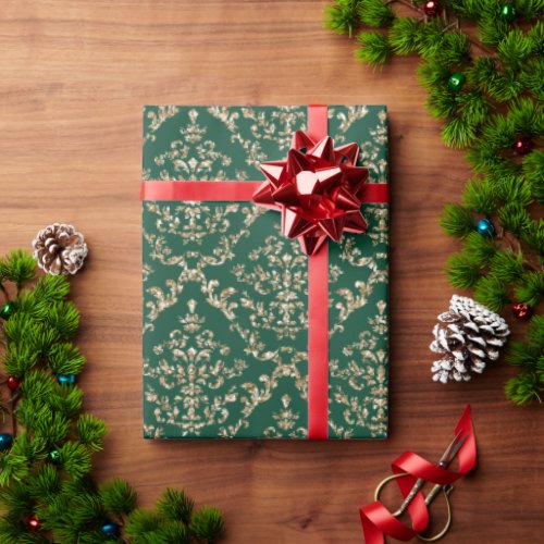 Christmas Holiday Green Gold Glitter Damask Wrapping Paper