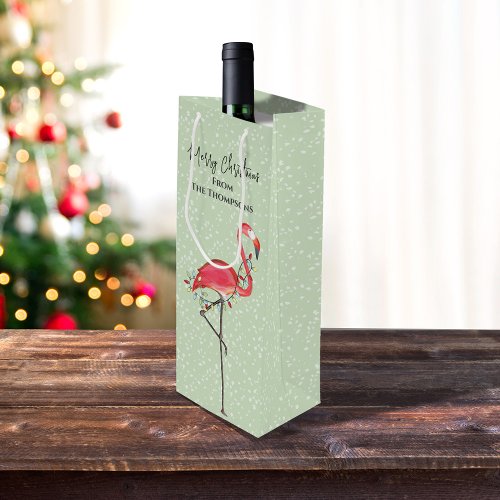 Christmas Holiday Green Pink Flamingo Snow Cute  Wine Gift Bag