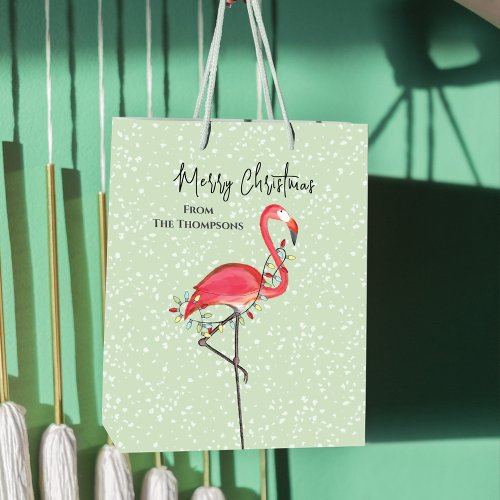 Christmas Holiday Green Pink Flamingo Snow Medium Gift Bag
