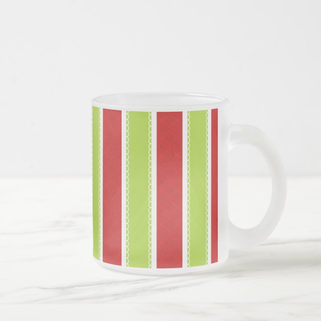 Christmas Holiday Green & Red Stripes Pattern Frosted Glass Coffee Mug (Right)