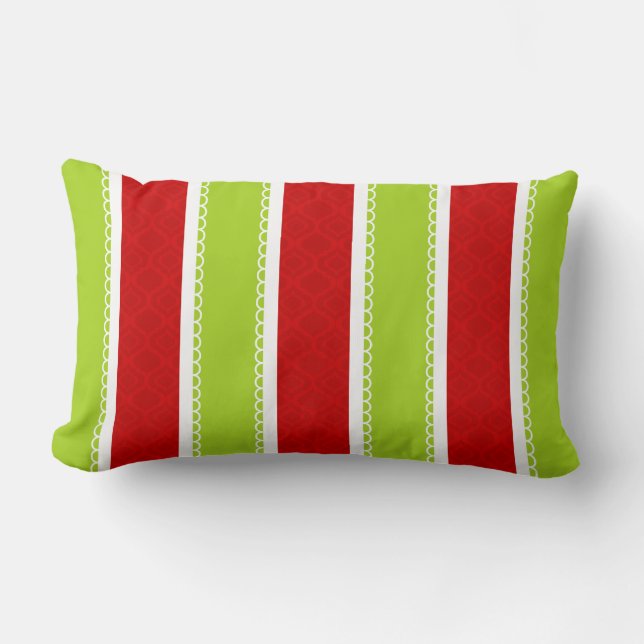 Christmas Holiday Green & Red Stripes Pattern Lumbar Pillow (Front)