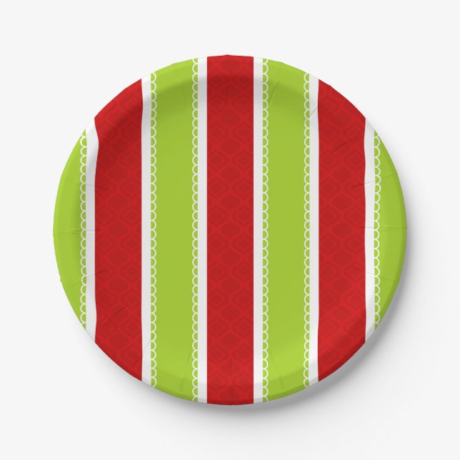Christmas Holiday Green & Red Stripes Pattern Paper Plates (Front)