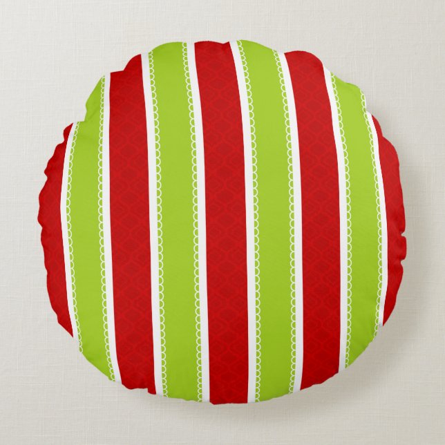 Christmas Holiday Green & Red Stripes Pattern Round Pillow (Front)