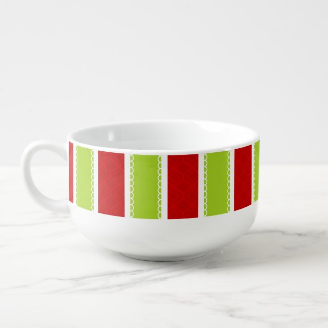 Christmas Holiday Green & Red Stripes Pattern Soup Mug (Right)