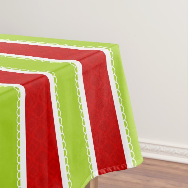 Christmas Holiday Green & Red Stripes Pattern Tablecloth (In Situ)