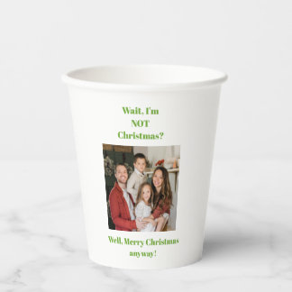Christmas holiday green text photo paper cups