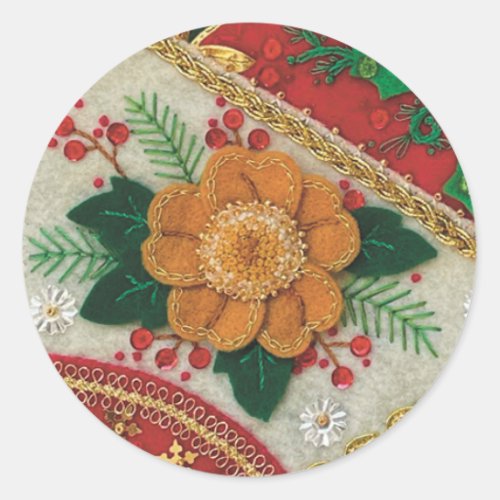 Christmas Holiday Handmade Floral Felt Stitch Classic Round Sticker