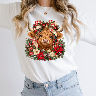 Christmas Holiday Highland Cow Bow Florals Sweatshirt