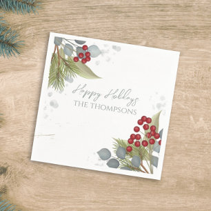 Christmas Holiday Holly Berries Greenery Silver Napkins