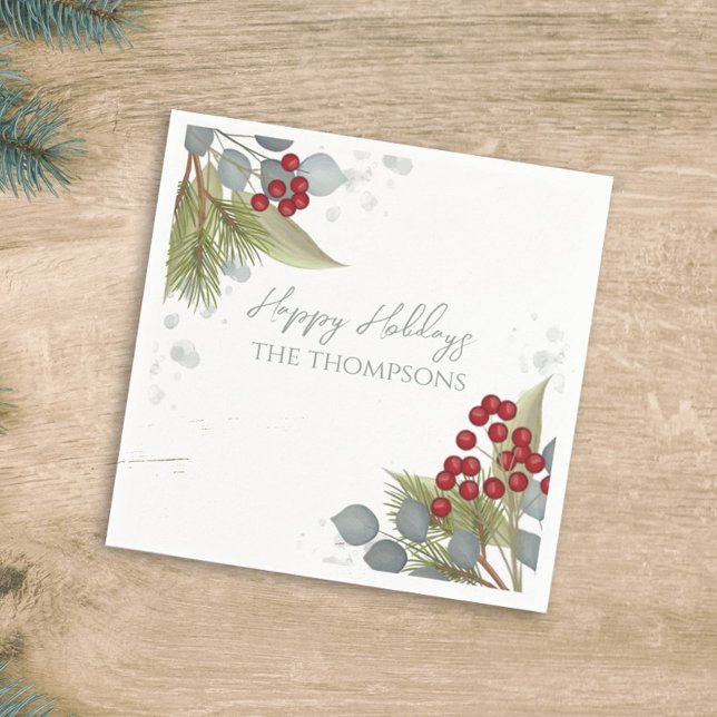 Christmas Holiday Holly Berries Greenery Silver Napkins (Creator Uploaded)