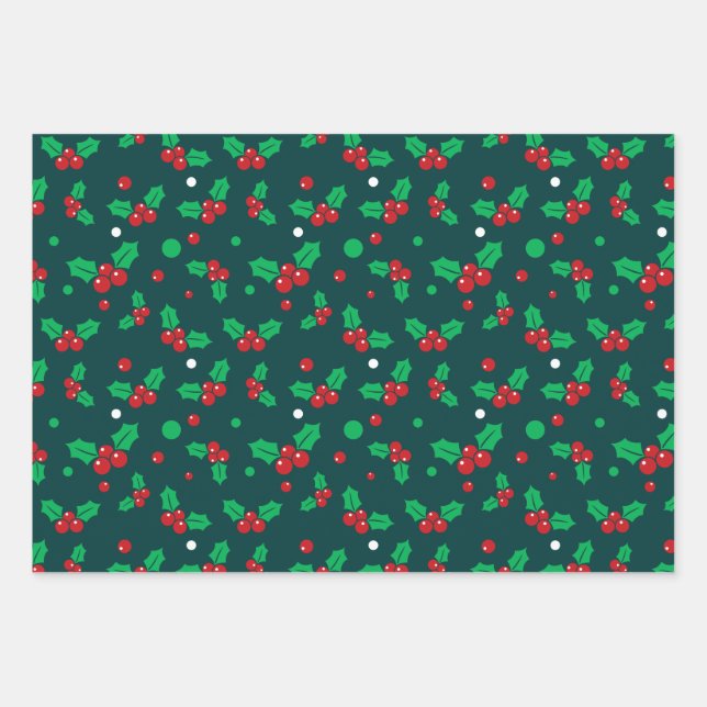 Christmas Holiday Holly Berry Mistletoe Pattern Wrapping Paper Sheets (Front)