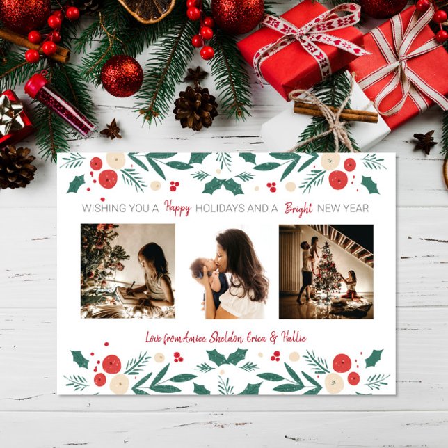 Christmas Holiday holly ivy berry 3 Photo gift Thank You Card (Creator Uploaded)