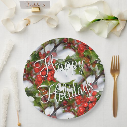 Christmas Holiday Holly Leaves Red Berries Pattern Paper Plates