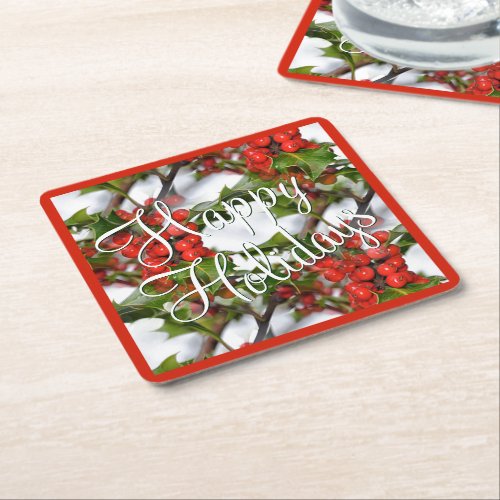 Christmas Holiday Holly Leaves Red Berries Pattern Square Paper Coaster