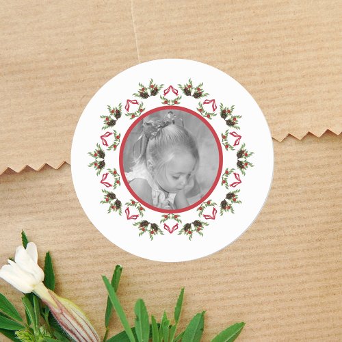 Christmas Holiday Holly Mandala Custom Photo Classic Round Sticker