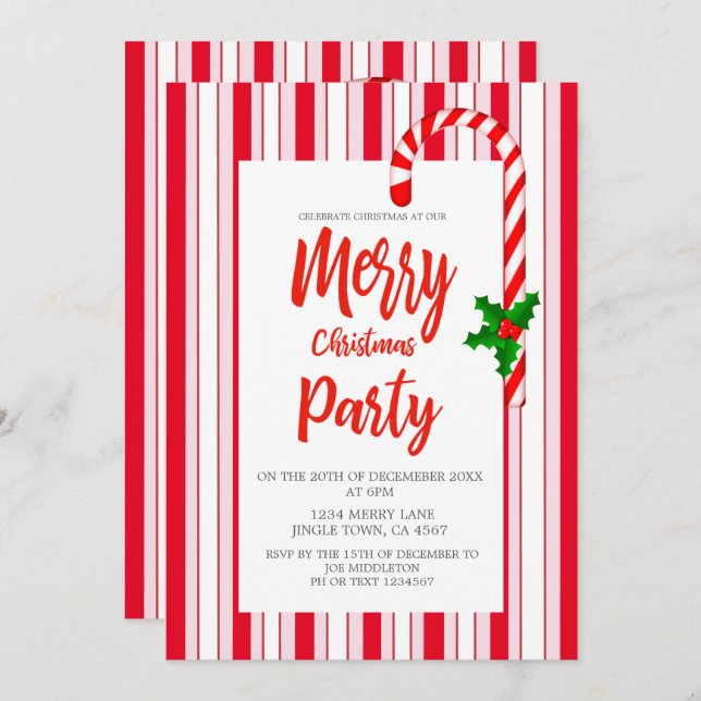 Christmas Holiday Holly Red  Candy Stripe Pattern Invitation (Front/Back)