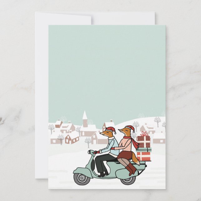 Christmas Holiday Invite - Foxes Ride a Vespa (Front)