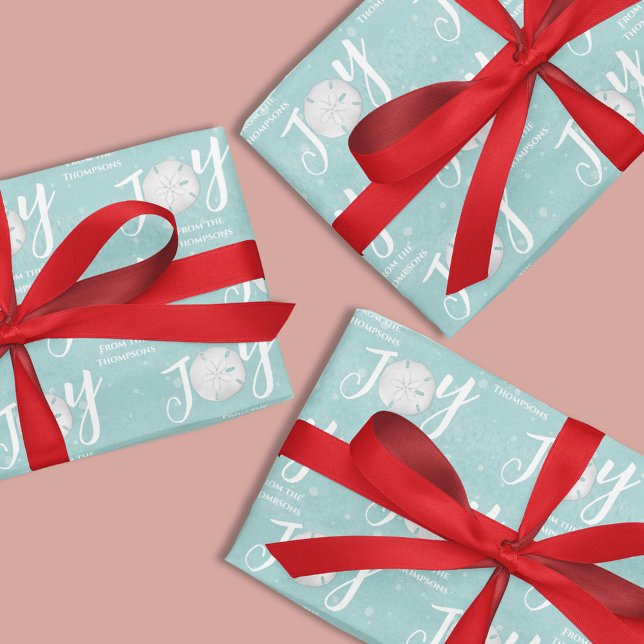 Christmas Holiday Joy Beach Turquoise Coastal Wrapping Paper Sheets (Christmas Joy typography turquoise wrapping paper with sand dollars.)