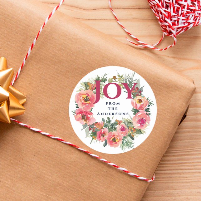 Christmas Holiday Joy Wreath Botanical Classic Round Sticker (Creator Uploaded)