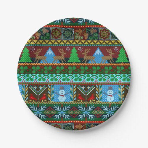 Christmas Holiday Knitted Sweater Pattern Reindeer Paper Plates