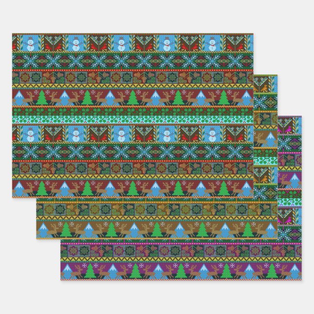 Christmas Holiday Knitted Sweater Pattern Reindeer Wrapping Paper Sheets (Set)