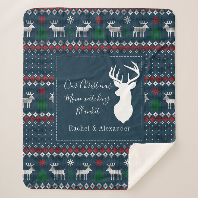 Christmas Holiday Knitting Pattern Personalized Sherpa Blanket (Front)