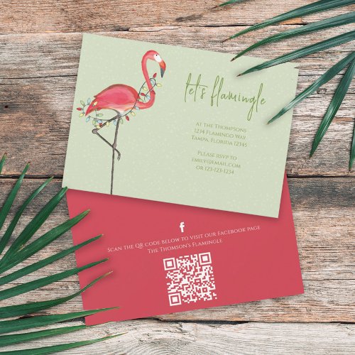 Christmas Holiday Lights Pink Flamingo QR Code Invitation