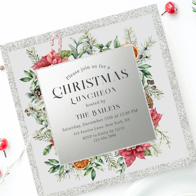 Christmas Holiday Luncheon Glitter Winter Floral Invitation (Creator Uploaded)