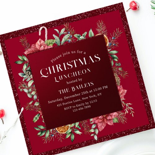 Christmas Holiday Luncheon Glitter Winter Floral Invitation