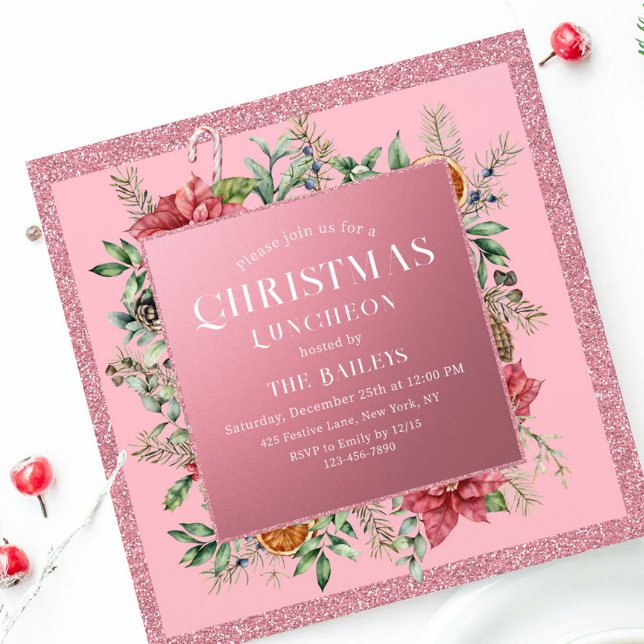 Christmas Holiday Luncheon Glitter Winter Floral Invitation (Creator Uploaded)