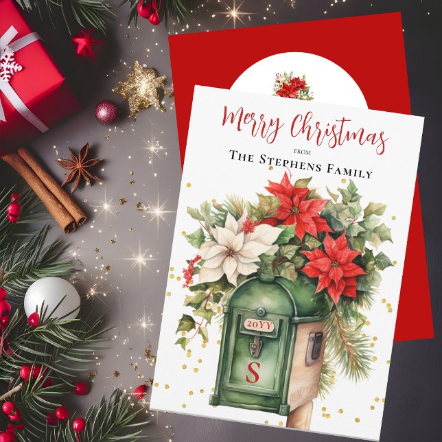 Christmas Holiday Mailbox Floral Monogram No-Photo Card (Christmas Holiday Mailbox Floral Monogram No Photo Two-Sided Card (Message on Back))