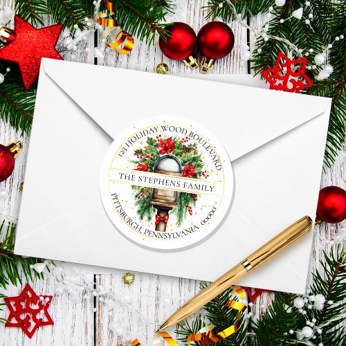 Christmas Holiday Mailbox Floral Return Address Classic Round Sticker