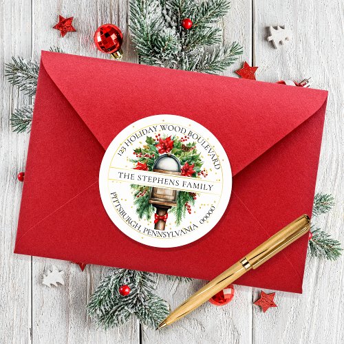 Christmas Holiday Mailbox Floral Return Address Classic Round Sticker