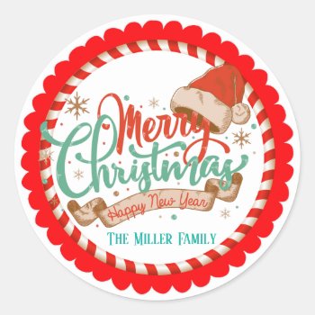 Christmas Holiday Merry Christmas Santa Classic Round Sticker by ThreeFoursDesign at Zazzle