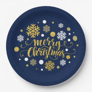 Christmas Holiday - Merry Christmas Shimmer Blue Paper Plates