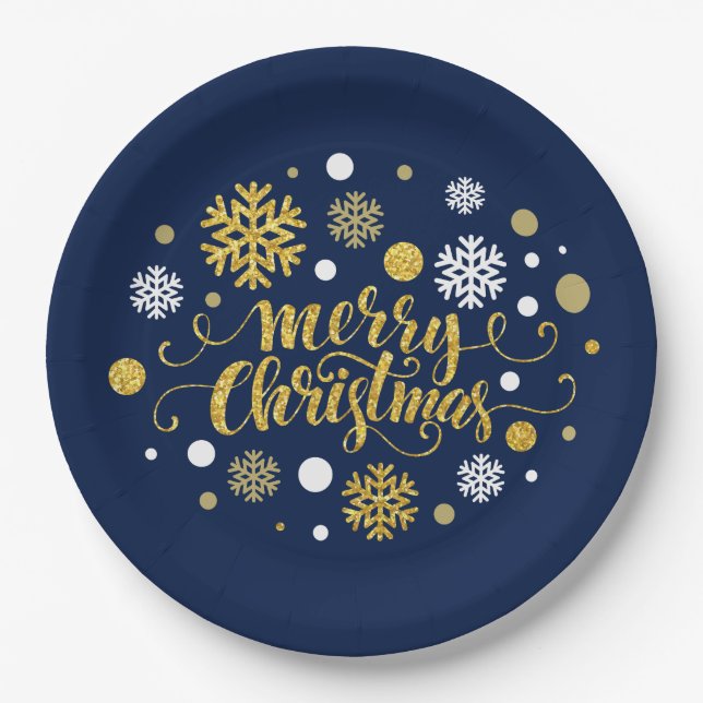 Christmas Holiday - Merry Christmas Shimmer Blue Paper Plates (Front)