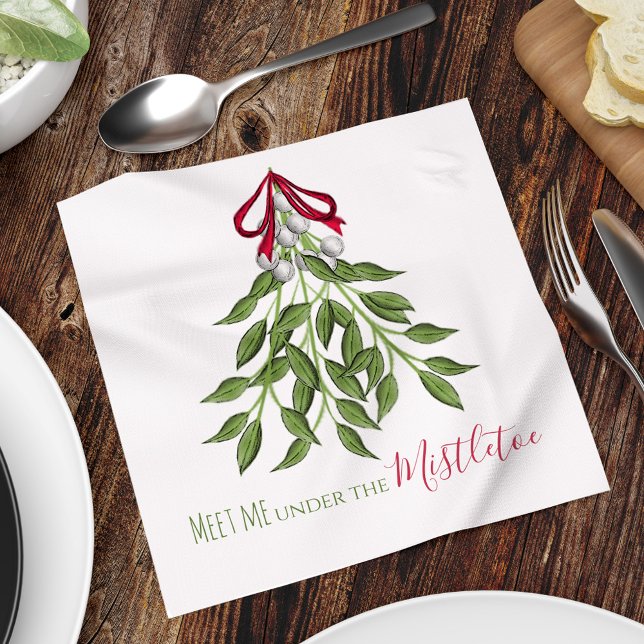 Christmas Holiday Merry Mistletoe Cute Whimsical Napkins (Christmas merry mistletoe "meet me under the mistletoe" cocktail napkin.)