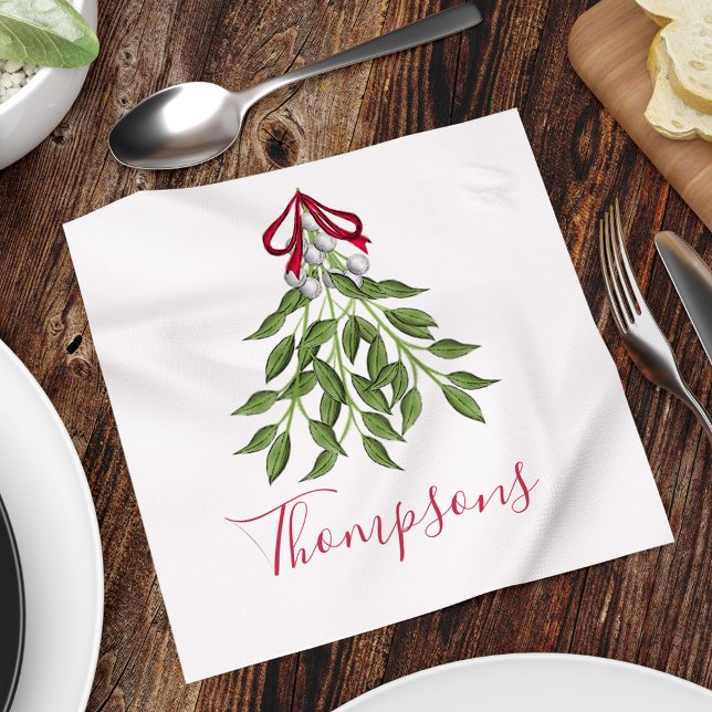 Christmas Holiday Merry Mistletoe Whimsical Cute Napkins (Christmas merry mistletoe watercolor simple customized calligraphy napkin. )