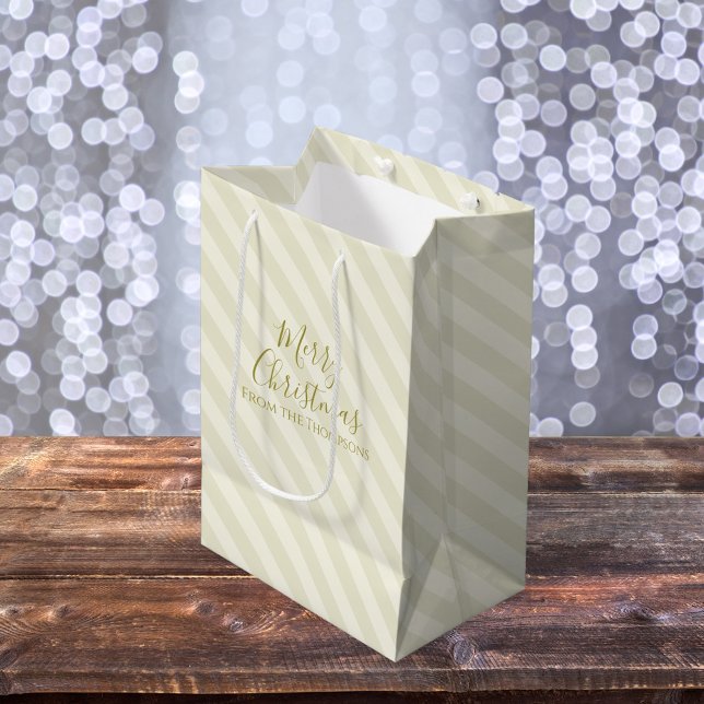 Christmas Holiday Modern Minimalist Gold Stripes Medium Gift Bag (Simple gold calligraphy script with gold golden striped)