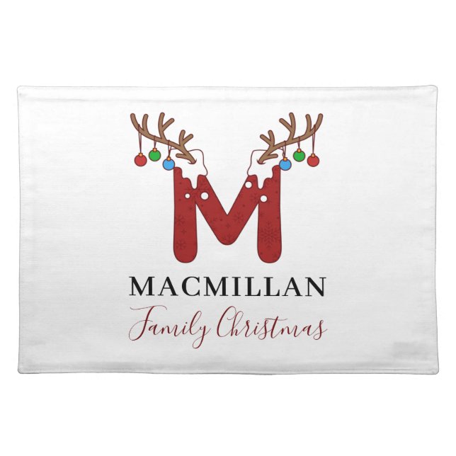 Christmas Holiday Monogram Antlers Matching Family Cloth Placemat (Front)