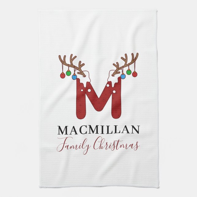 Christmas Holiday Monogram Antlers Matching Family Kitchen Towel (Vertical)