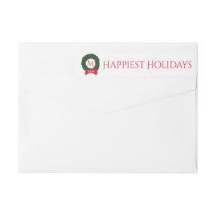 Christmas Holiday Monogram Festive Wreath Custom Wrap Around Label